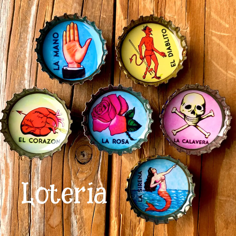 loteria bottle cap magnets from kate's magnets at sew bonita in corpus christi texas