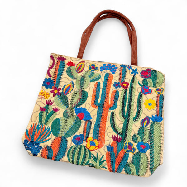 Embroidered Cactus Desert Suede Tote Bag