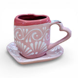 Pink Heart Shaped Engobe Mug and Saucer Set