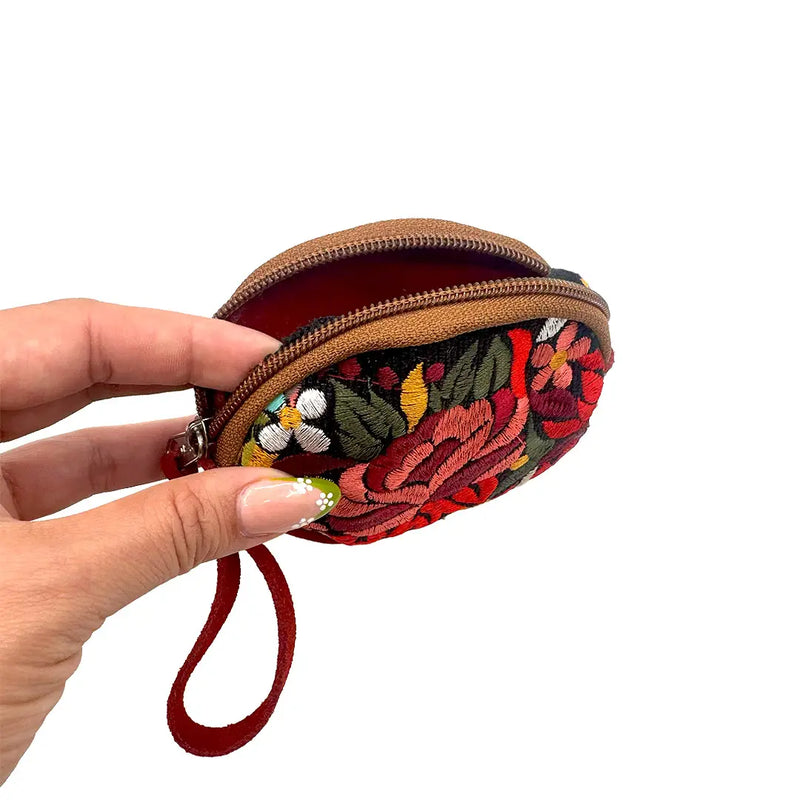 Round Embroidered Floral Leather "Bella" Coin Purse Pouch