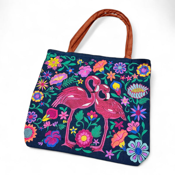 Embroidered Flamingo Suede Tote Bag