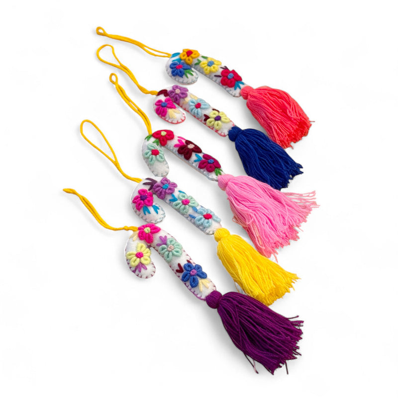 Floral Embroidered Candy Cane Ornament