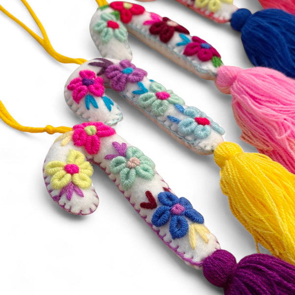 Floral Embroidered Candy Cane Ornament