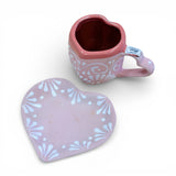 Pink Heart Shaped Engobe Mug and Saucer Set
