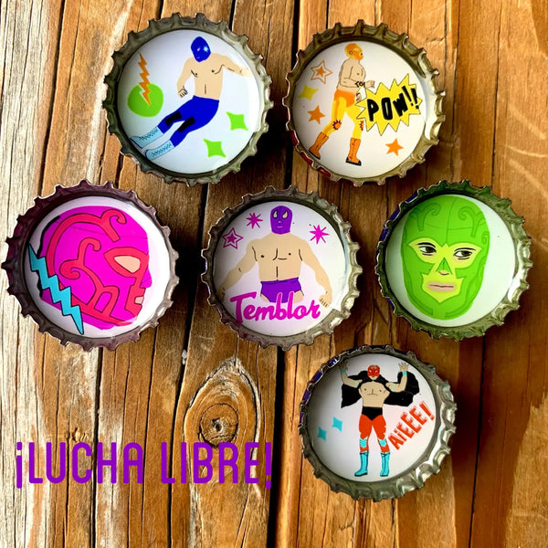 lucha libre bottle cap magnets from kate's magnets at sew bonita in corpus christi texas