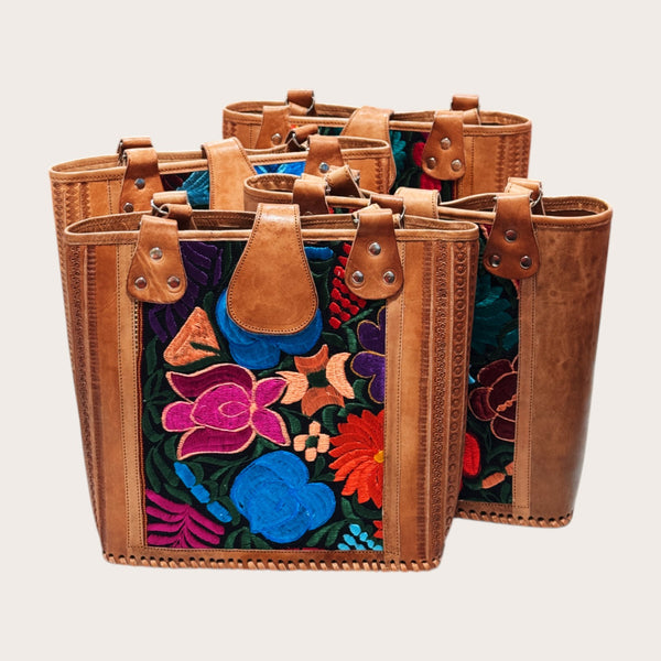 Leather Embroidered Structured Tote Bag