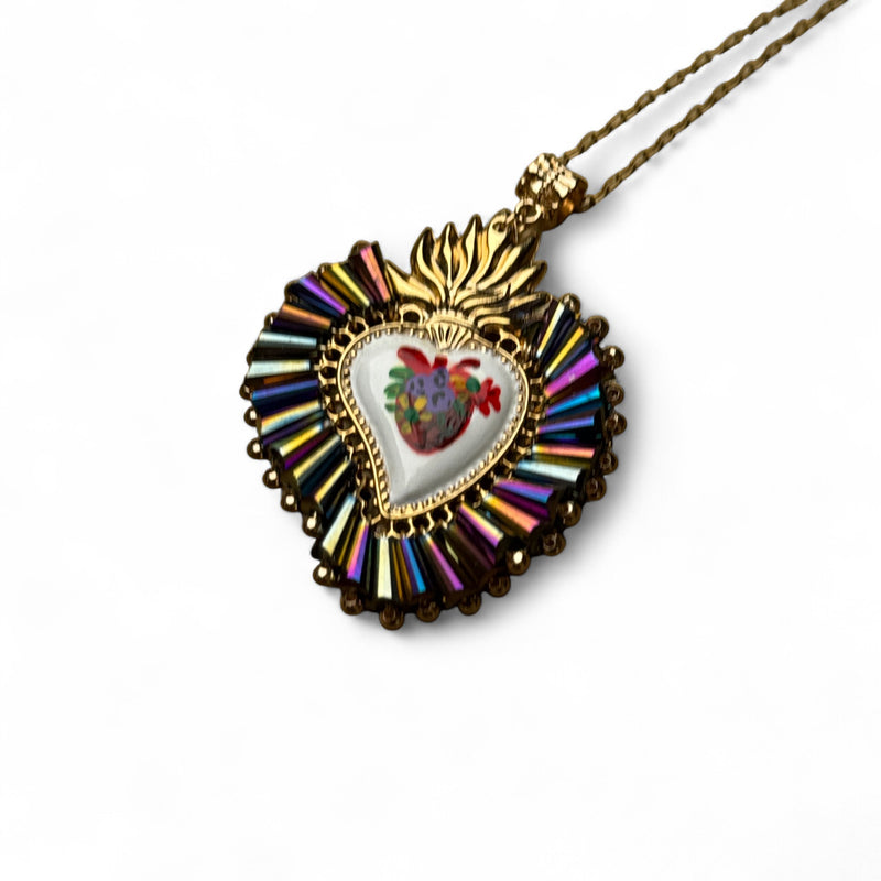 Painted Sacred Heart Pendant Necklace