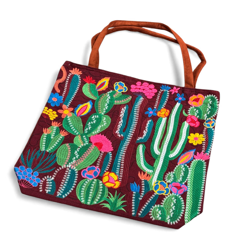 Embroidered Cactus Desert Suede Tote Bag