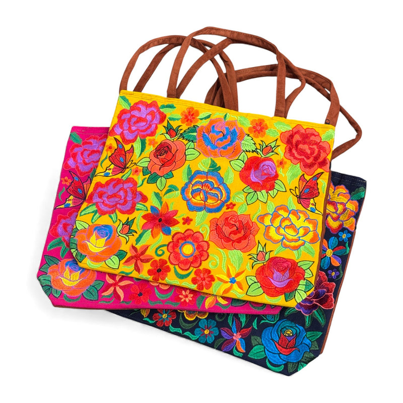Embroidered Floral Suede Tote Bag