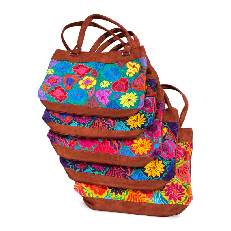 Embroidered Floral Pattern Vegan Suede Purse Tote Bag