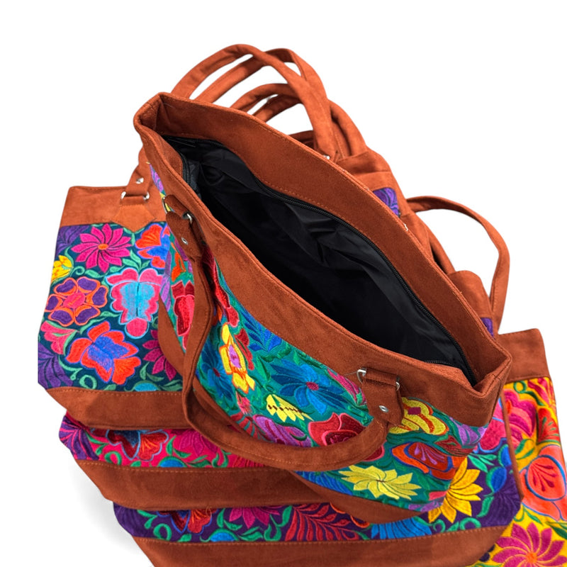 Embroidered Floral Pattern Vegan Suede Purse Tote Bag