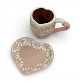 White & Pink Heart Shaped Engobe Mug and Saucer Set