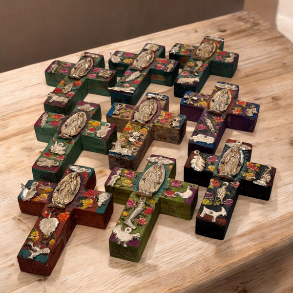 Small Virgen w/ Milagros Wooden Wall Cross