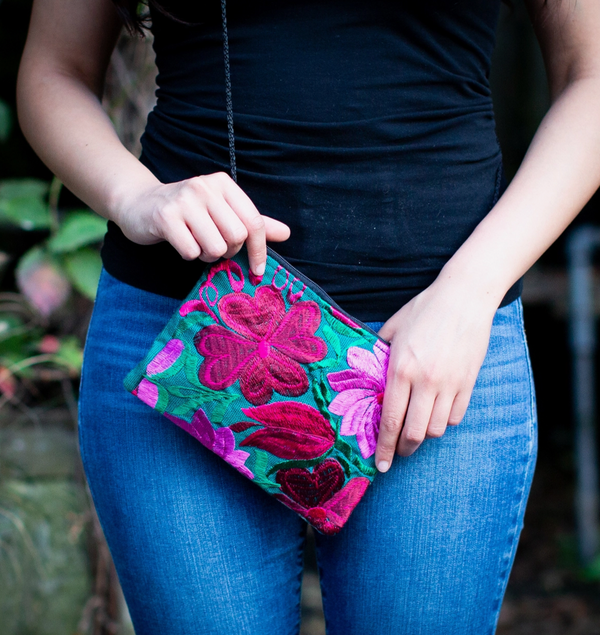 Embroidered Flower Passport Bag