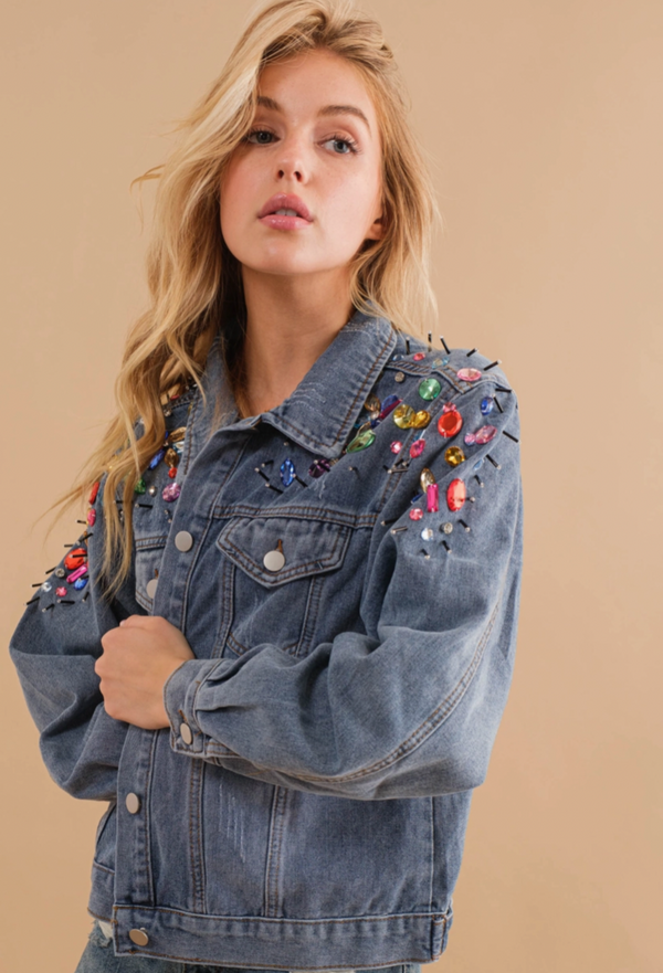 Rainbow Jeweled Embellished Jean Jacket