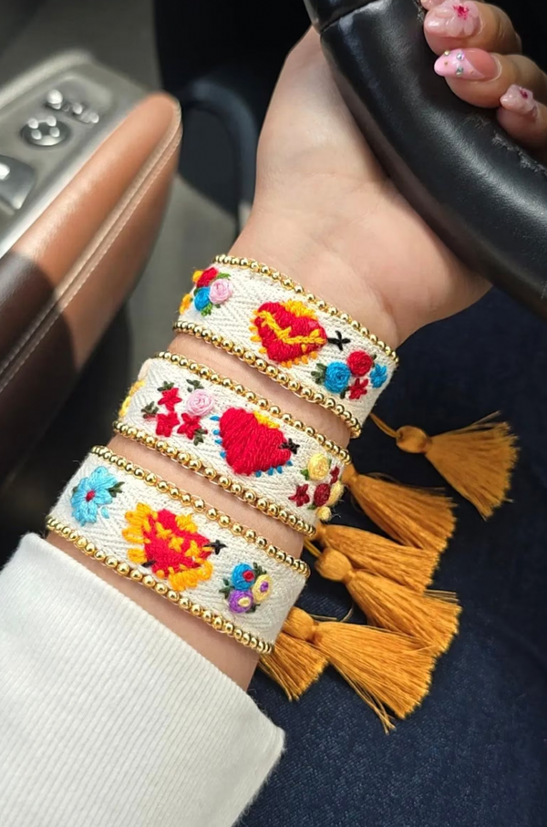 White Embroidered Heart Cuff