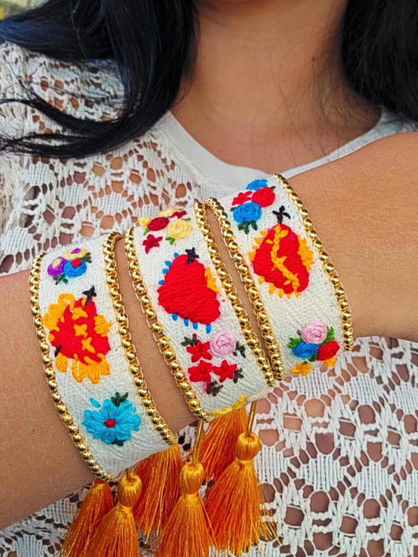 White Embroidered Heart Cuff