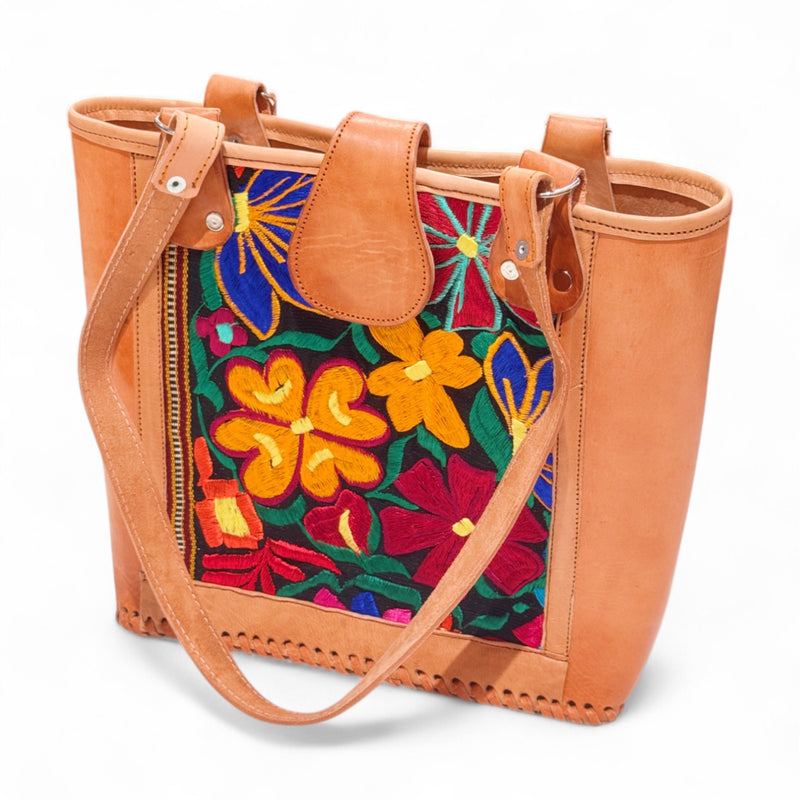 Leather Embroidered Structured Tote Bag