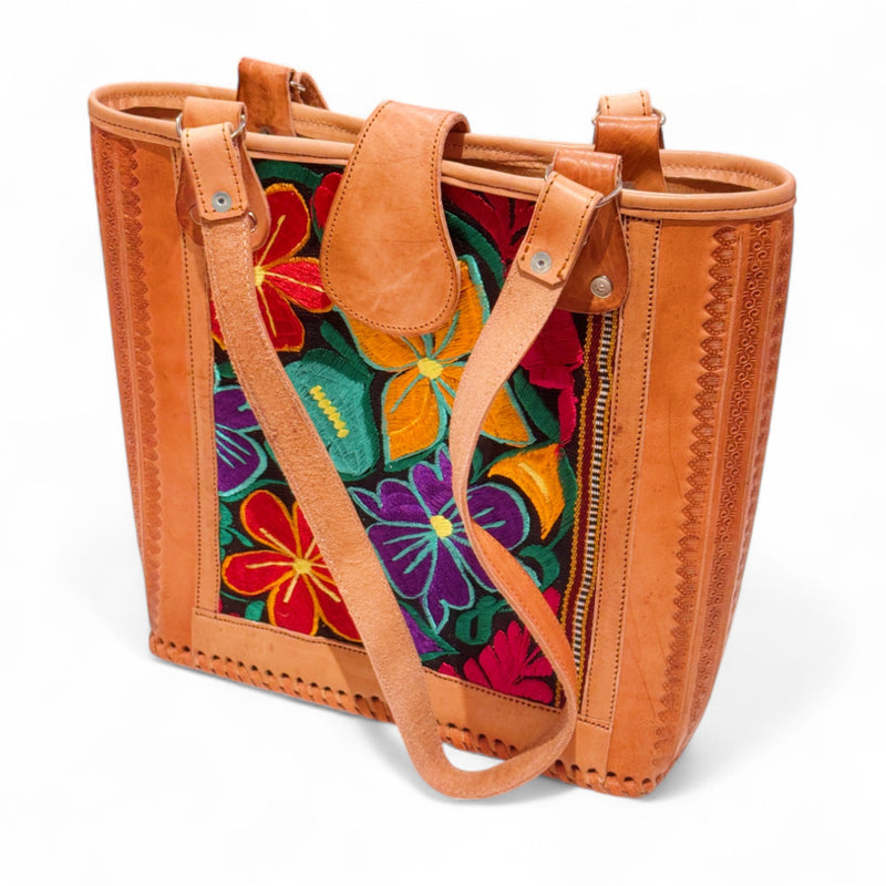 Leather Embroidered Structured Tote Bag
