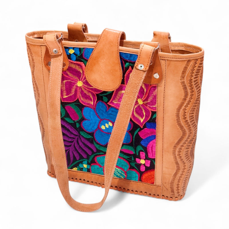 Leather Embroidered Structured Tote Bag