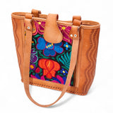 Leather Embroidered Structured Tote Bag