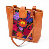 Leather Embroidered Structured Tote Bag