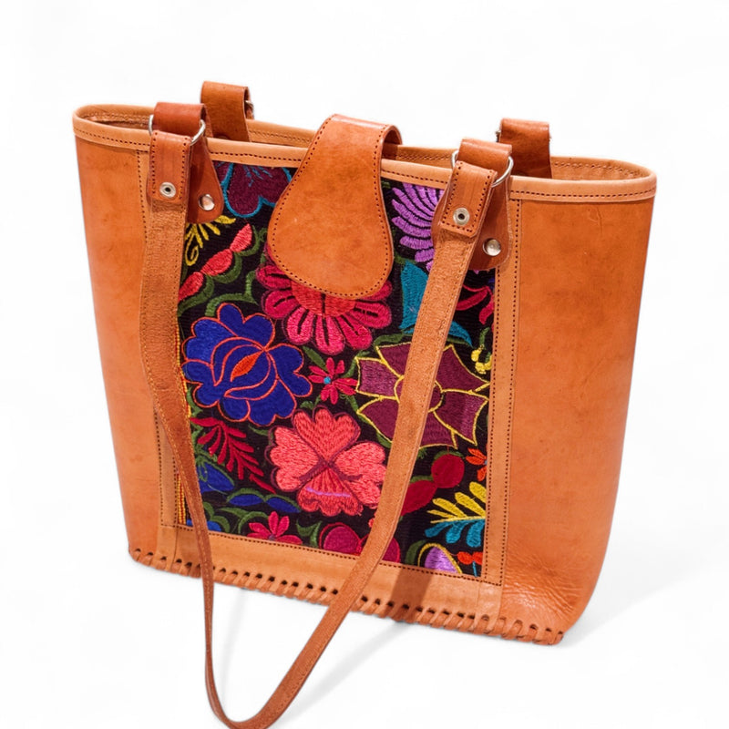 Leather Embroidered Structured Tote Bag
