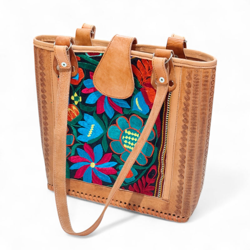 Leather Embroidered Structured Tote Bag