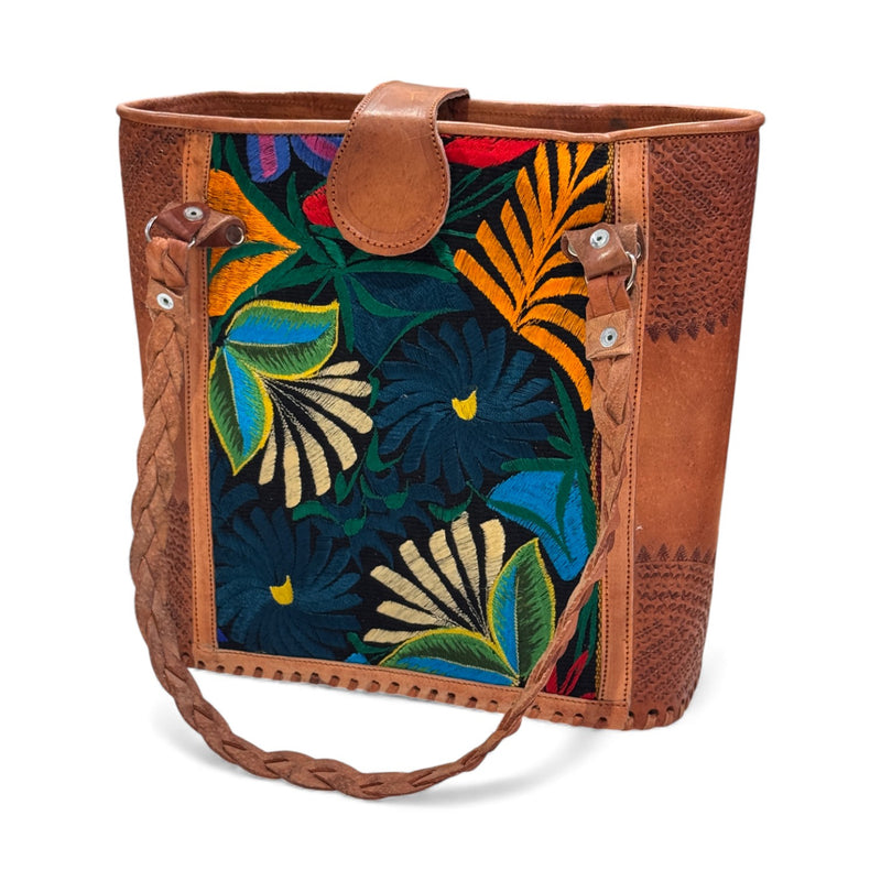 Leather Embroidered Structured Tote Bag