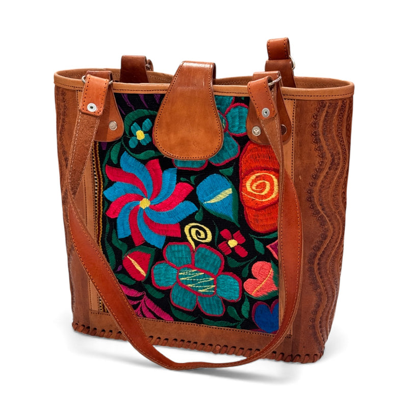 Leather Embroidered Structured Tote Bag