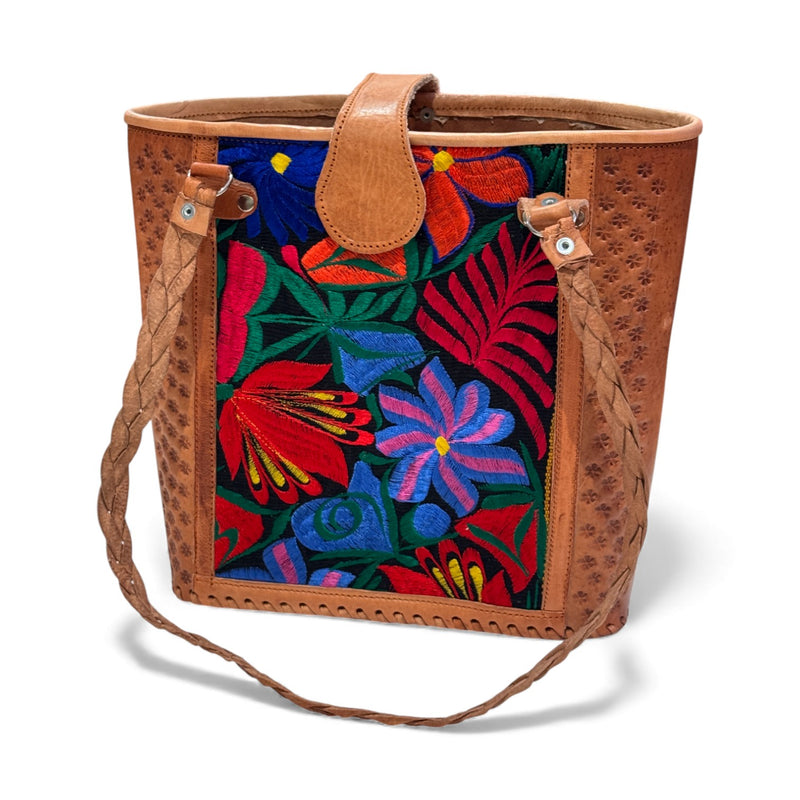 Leather Embroidered Structured Tote Bag