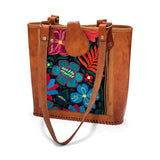Leather Embroidered Structured Tote Bag