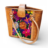 Leather Embroidered Structured Tote Bag