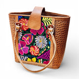 Leather Embroidered Structured Tote Bag