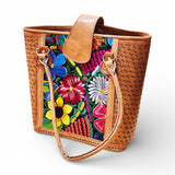 Leather Embroidered Structured Tote Bag