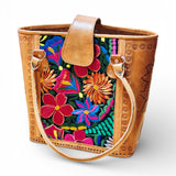 Leather Embroidered Structured Tote Bag
