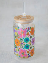 Folk Flower Glass Tumbler With Lid & Straw