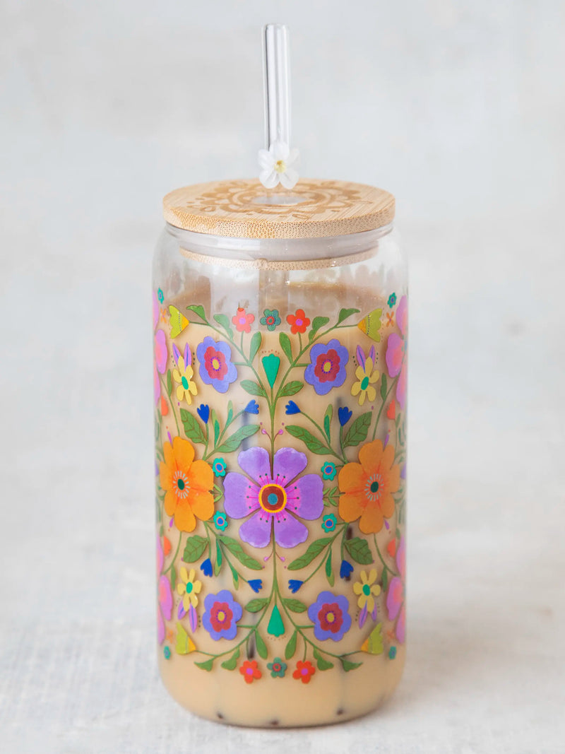 Folk Flower Glass Tumbler With Lid & Straw