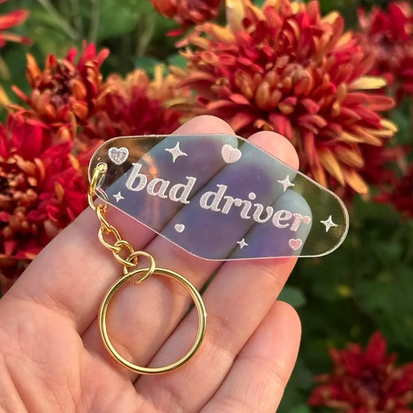 Bad Driver Motel Iridescent Keychain at Sew Bonita in Corpus Christi, TX.