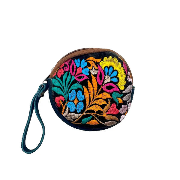 Round Embroidered Floral Leather "Bella" Coin Purse Pouch
