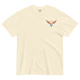 Cream colored Comfort Colors shirt with vintage-style text that reads 'Richard Valenzuela and his Flying Guitar' with an image of a blue guitar and orange wings from Sew Bonita in Corpus Christi, Texas