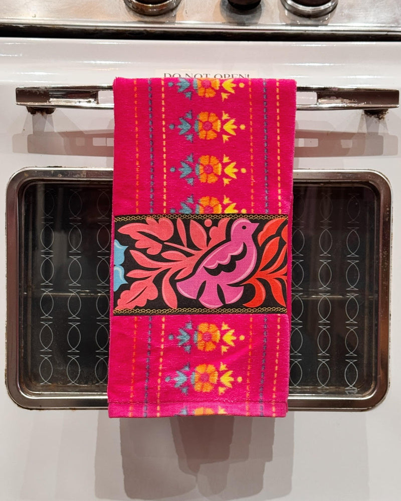 Sew Bonita Pink Floral Appliqué Kitchen Towel