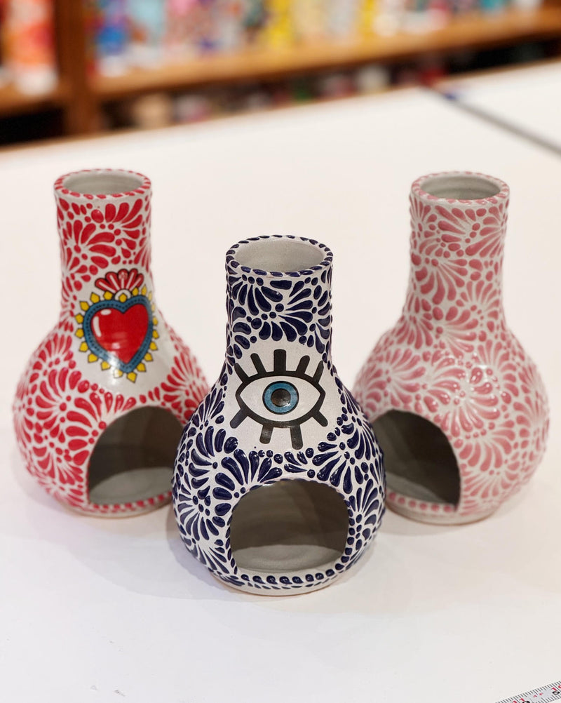 handmade mini chimney TALAVERA CHIMENEA from talavera salazar at sew bonita in a sacred heart design, evil eye design and pink design