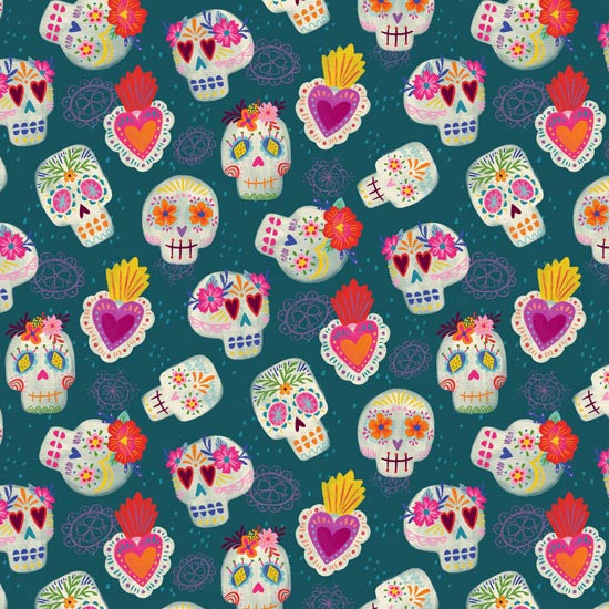 F2003 Dia De Muertos Skulls Teal